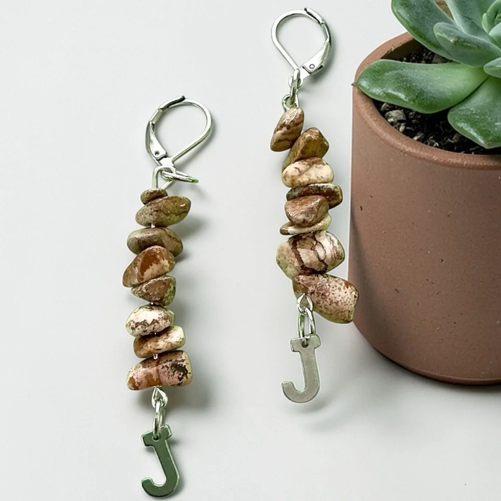 🆕 “J” Initial and Gemstones Dangle Earrings-Stainless Steel